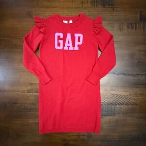 GAP Kids Sweater Dress Ruffle Sleeve Red Pink Logo Girls Size S (6-7) NEW